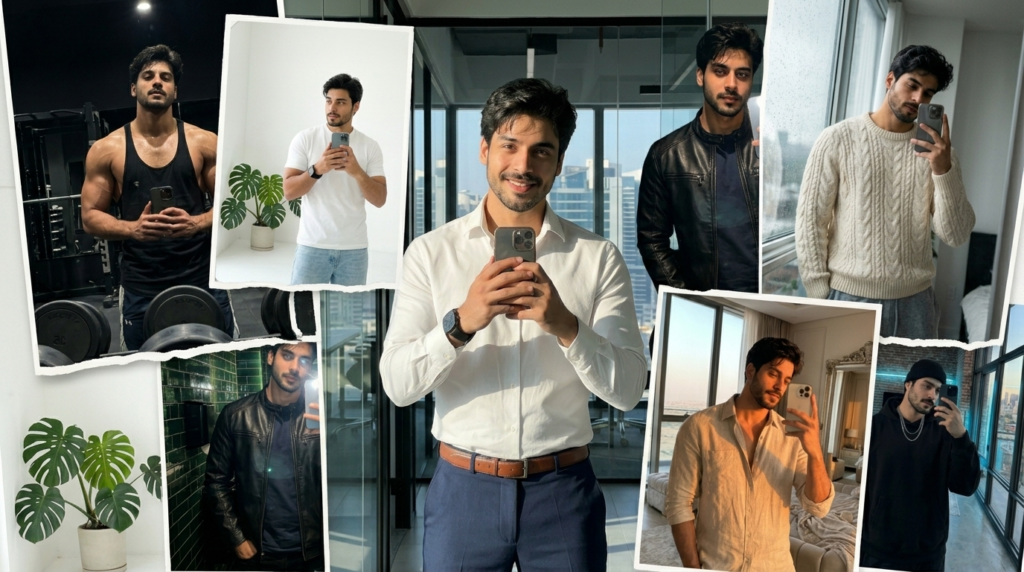 Mirror selfie prompts preview for realistic AI photo edits and casual outfit shots