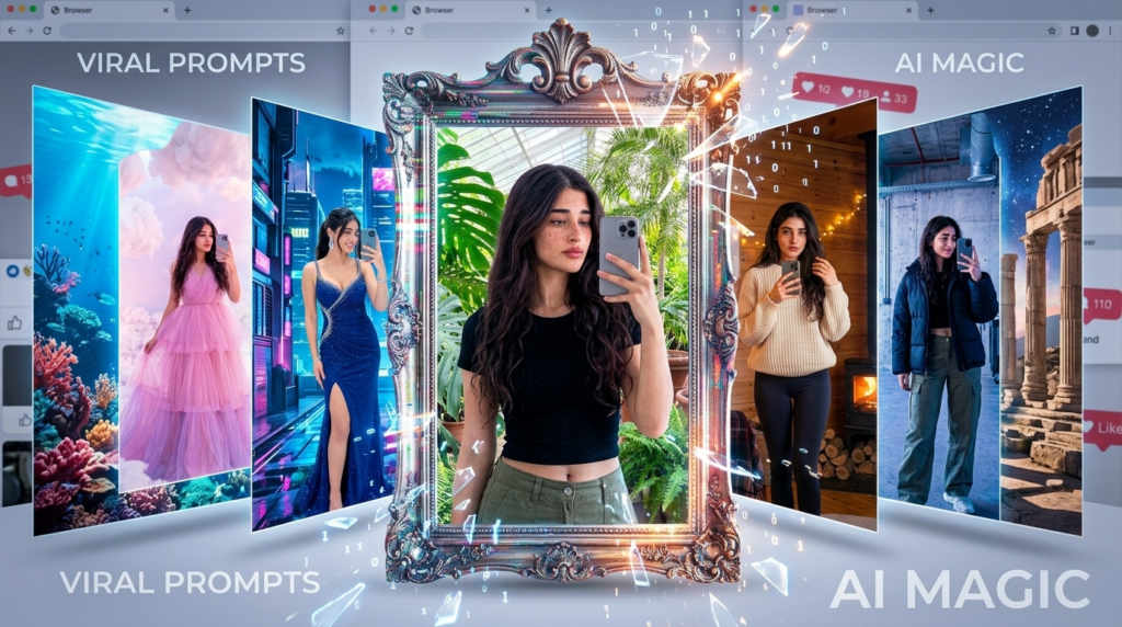 Viral AI mirror selfie prompts preview for realistic full body mirror photo edits