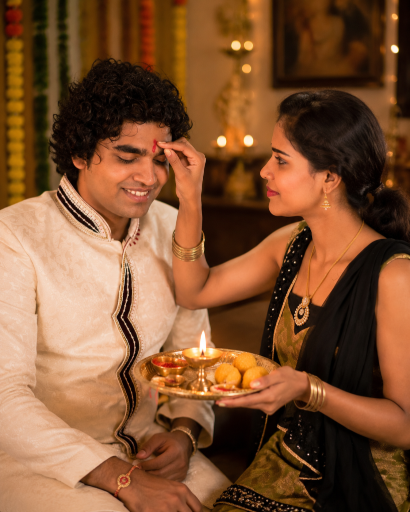 Sister applying tilak to her brother during Raksha Bandhan