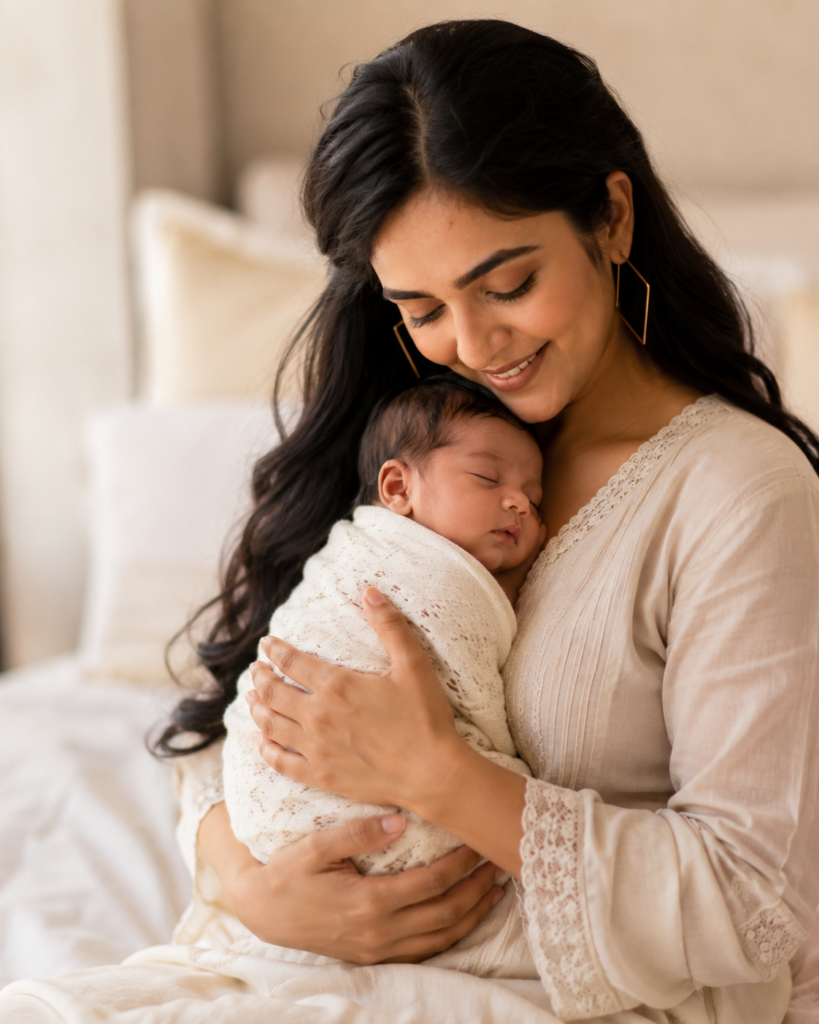 Mother holding her newborn daughter in soft window light