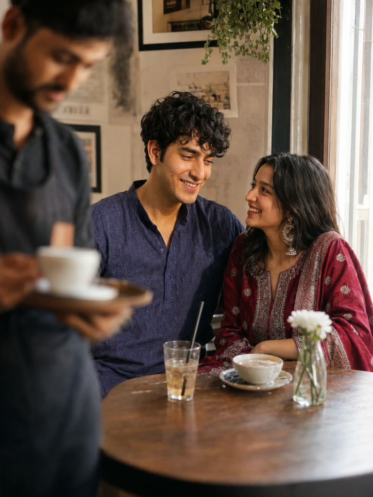 Couple talking in a cafe with window daylight and a blurred waiter passing in the foreground