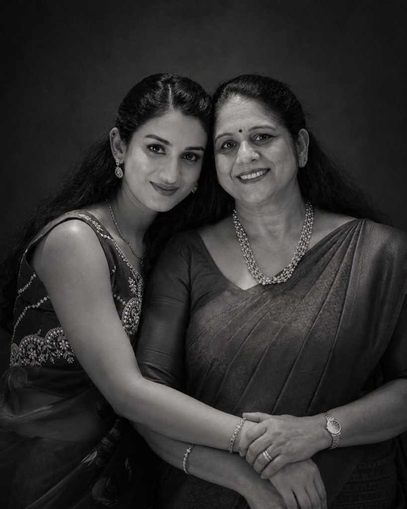 Fine-art black and white portrait of a mother and daughter