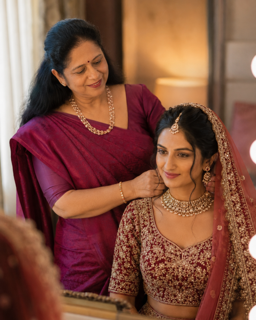 Mother helping her adult daughter get ready on her wedding day