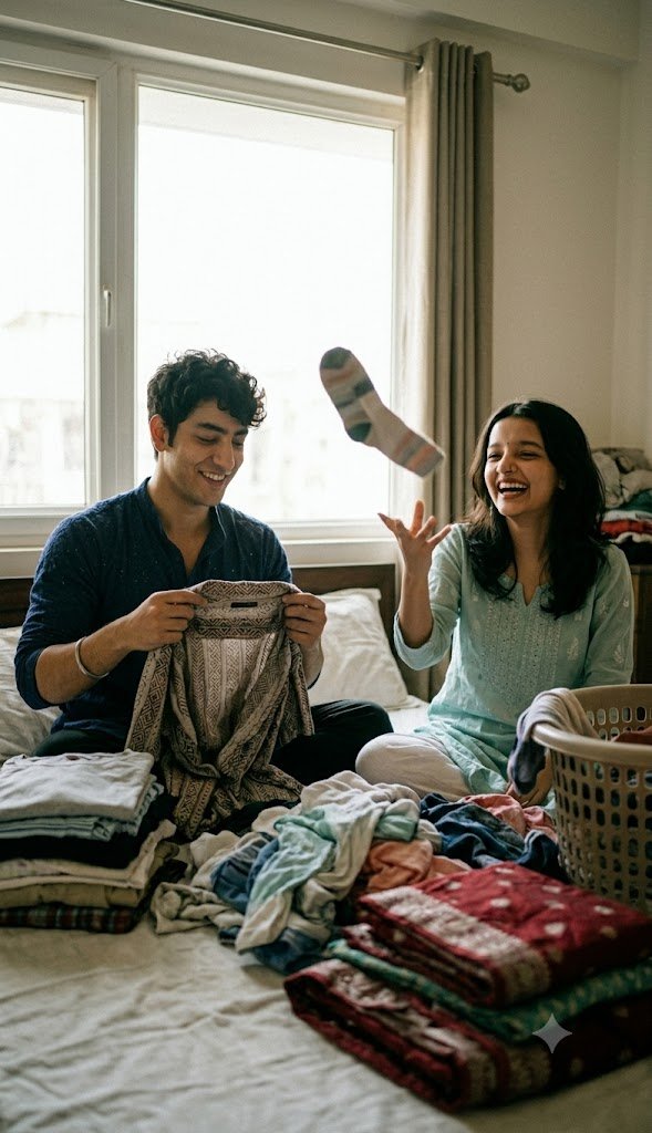 Couple folding clothes on a bed with a sock in motion and soft window light