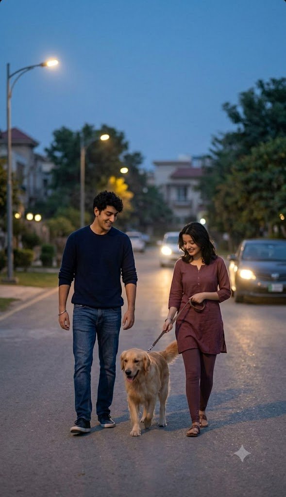 Couple walking a dog at dusk with streetlights and natural muted colors