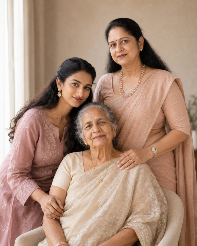 Grandmother, mother and daughter posing for a three-generation portrait