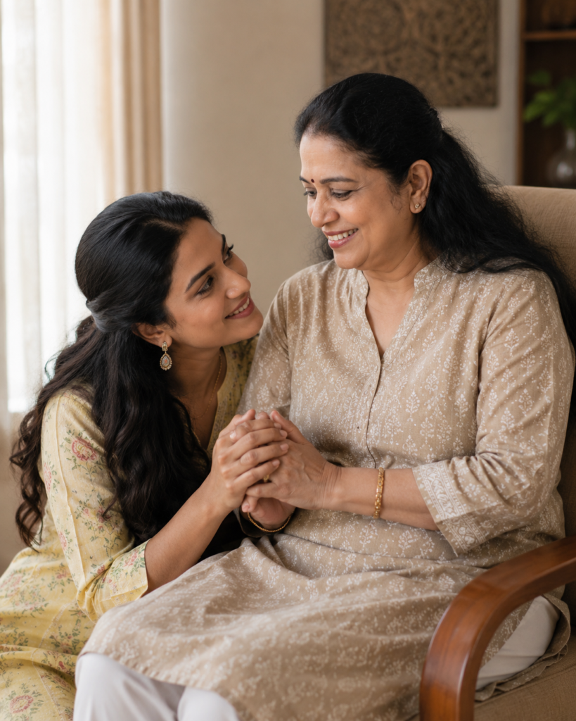 Adult daughter holding hands with her elderly mother