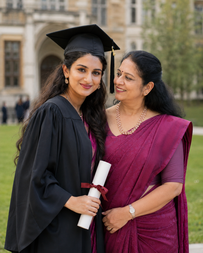 Mother celebrating graduation day with her daughter in cap and gown