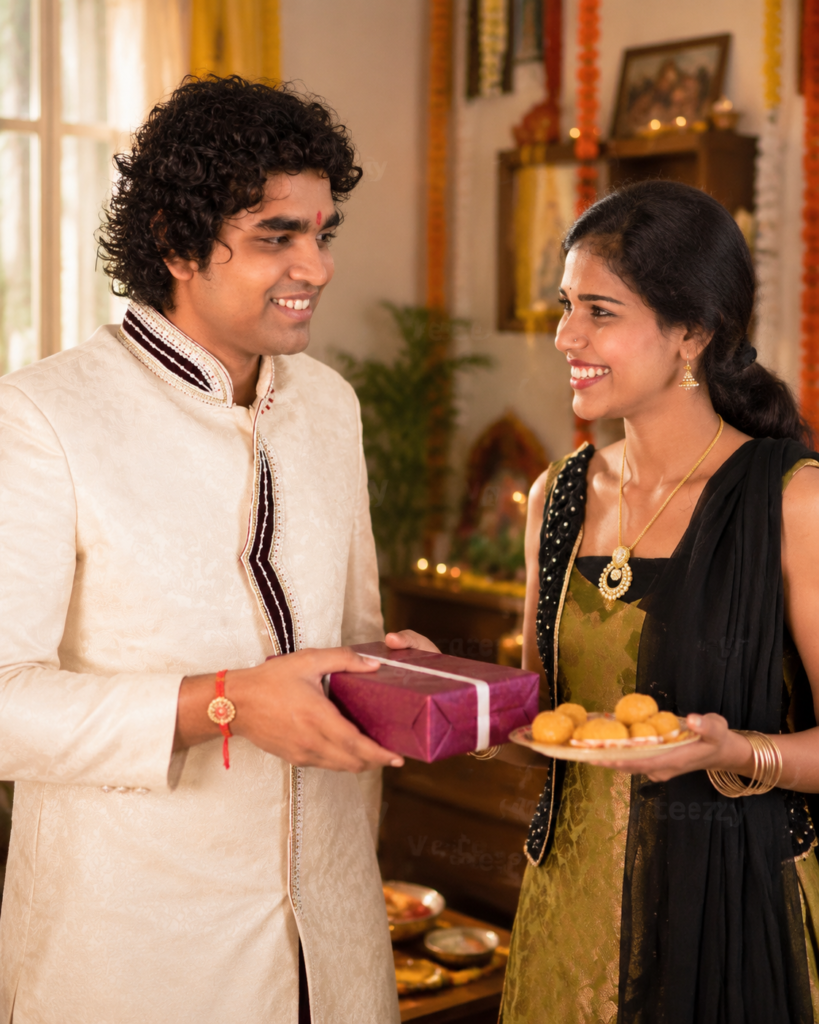 Brother giving his sister a gift after the Rakhi ceremony