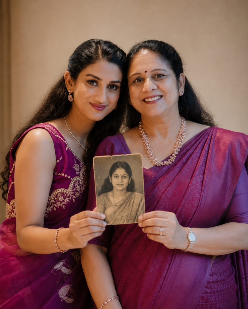 Adult daughter beside a recreation of her mother as a young woman