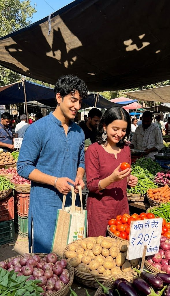 Couple shopping at a vegetable market in bright midday sunlight with natural shadows