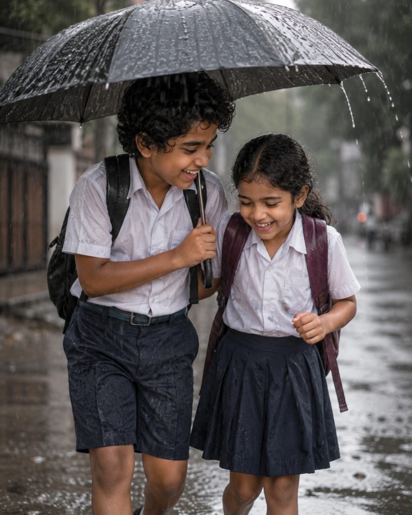 Young brother and sister sharing an umbrella while walking in the rain