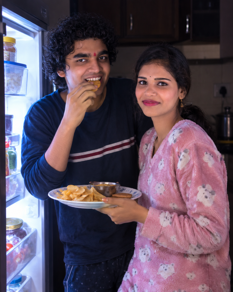 Teenage siblings sharing a late-night snack in the kitchen