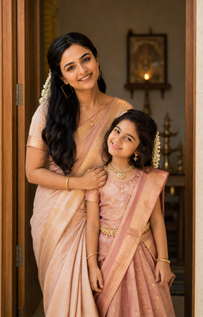 Mother and young daughter wearing coordinated traditional saree outfits
