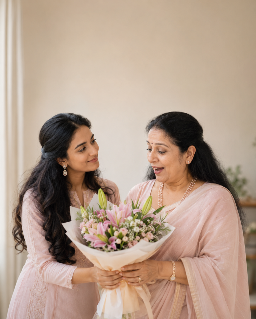 Daughter giving fresh flowers to her mother for Mother's Day