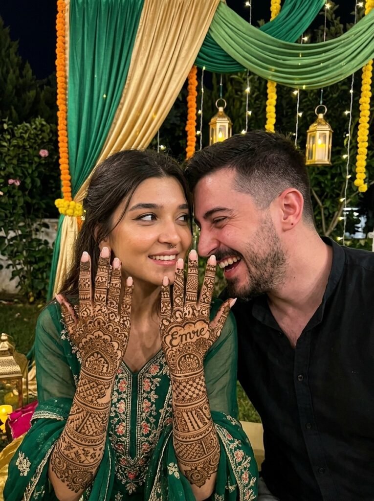 Bride showing mehndi-covered hands while the groom searches for his name