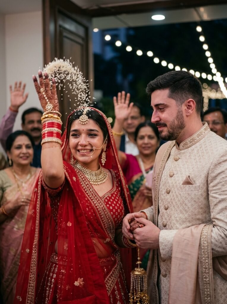 Bride throwing rice during vidaai while the groom holds her hand
