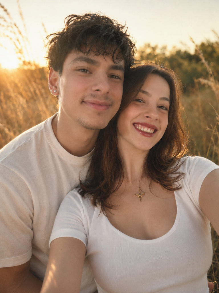 Couple standing in tall golden grass during golden hour with cinematic sunlight