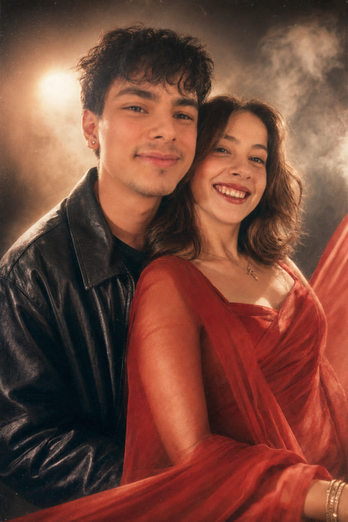 Couple in a retro 90s Bollywood poster with a leather jacket and red chiffon saree