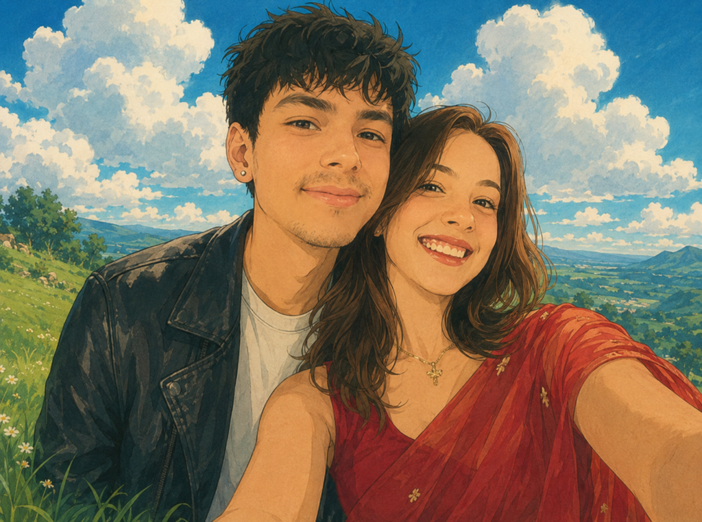 Couple on a grassy hillside under large summer clouds in a watercolor anime style