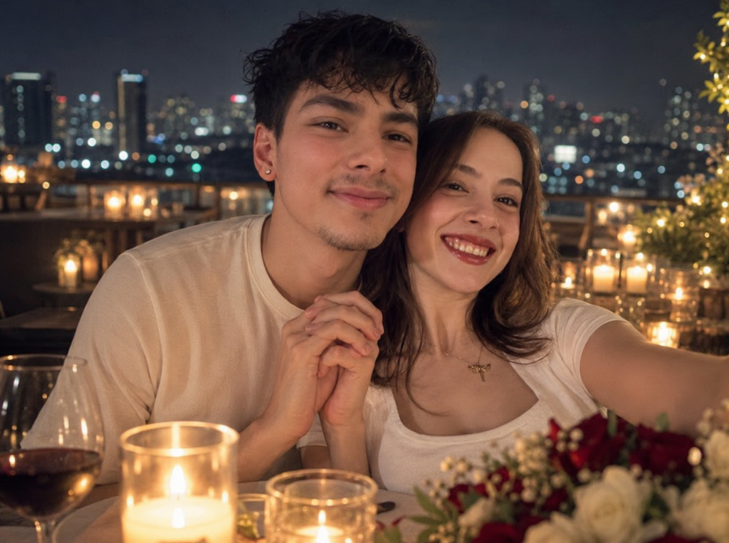 Couple holding hands during a rooftop candlelight dinner with warm city bokeh
