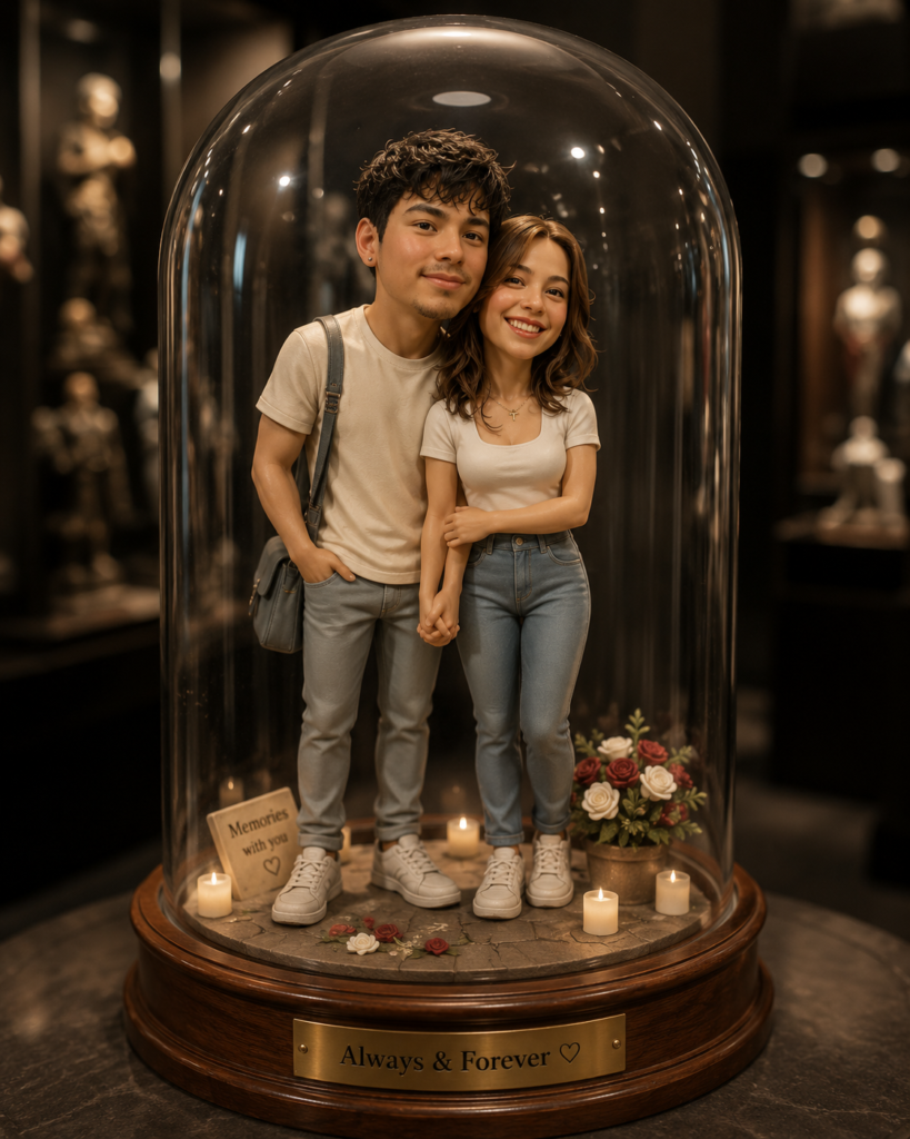 Collectible couple figurines displayed inside a glass dome with museum-style lighting