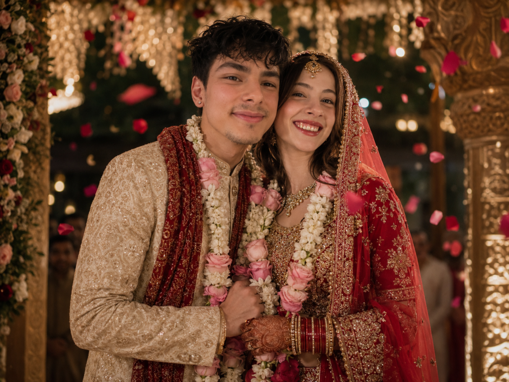 Indian wedding couple exchanging varmala on a decorated mandap stage