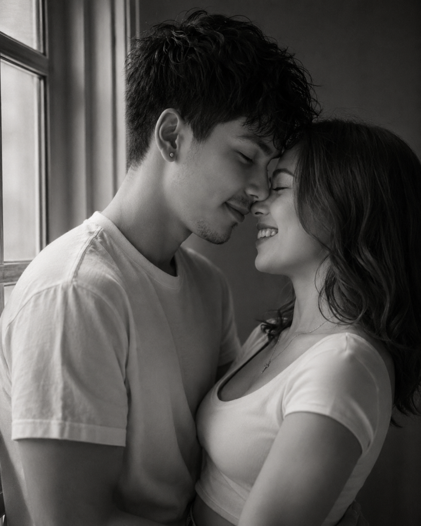 Black and white fine-art portrait of a couple touching foreheads in window light