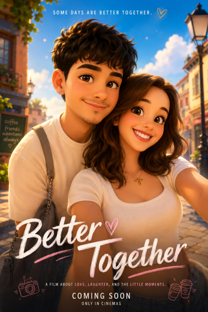 Playful 3D animated couple posed like characters on a colorful movie poster