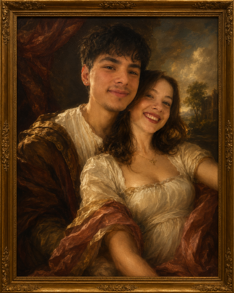 Couple portrayed as a Renaissance oil painting with rich drapery and a museum frame
