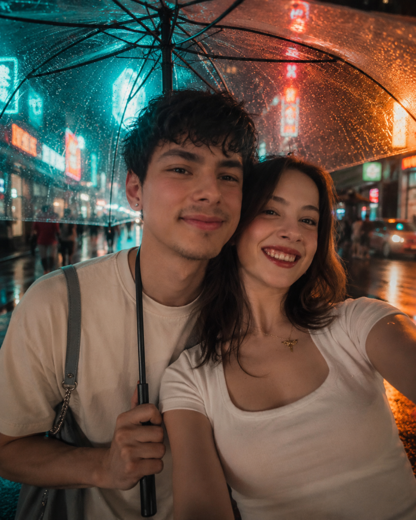 Couple under one umbrella on a rainy neon-lit street with wet reflections