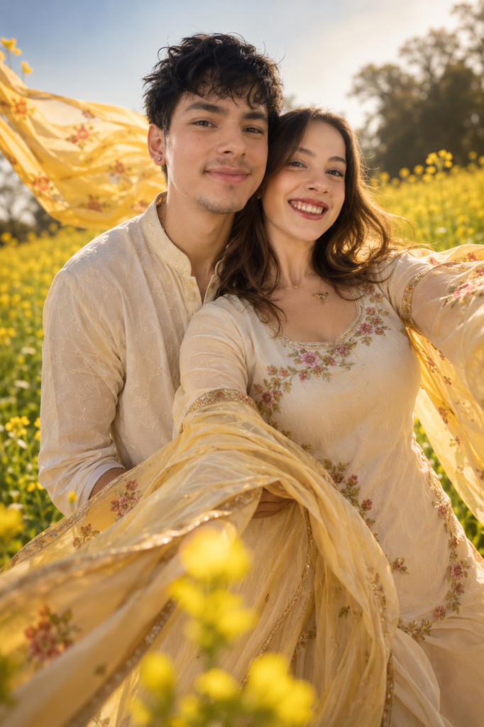 Pre-wedding couple running through a mustard field with a flying dupatta and shallow depth of field