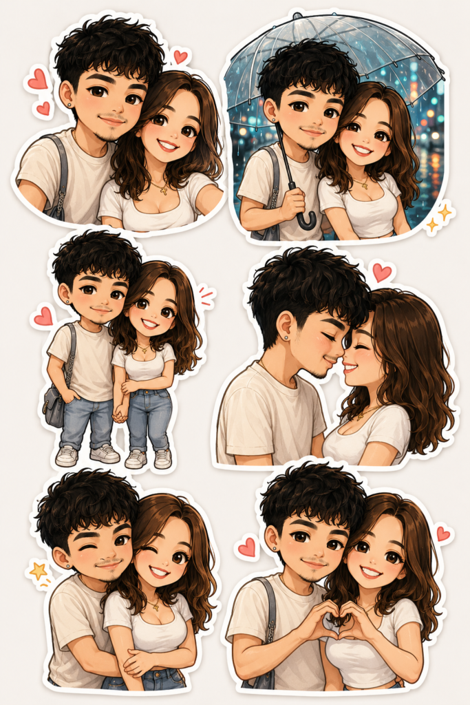 Sticker sheet showing a couple in six cute chibi-style poses with white borders