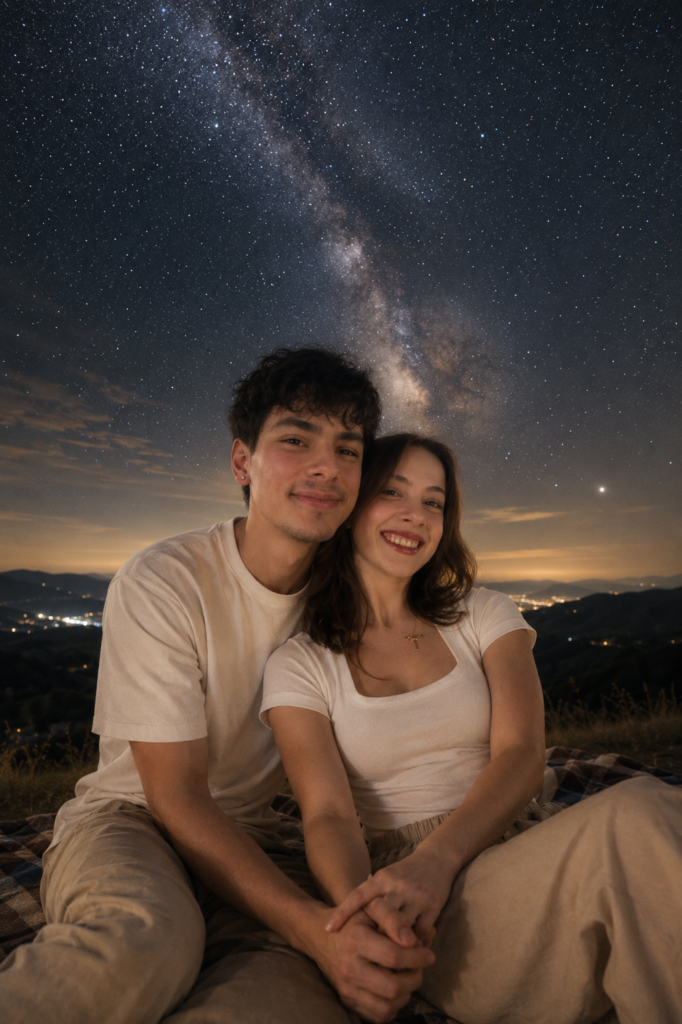 Couple stargazing from a hilltop blanket beneath the Milky Way at night