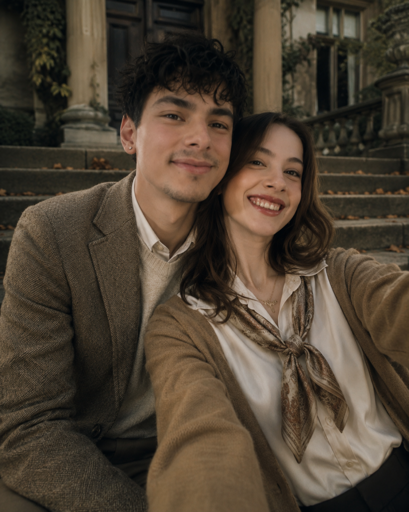 Elegant couple on manor steps wearing tweed and silk in a muted autumn film palette