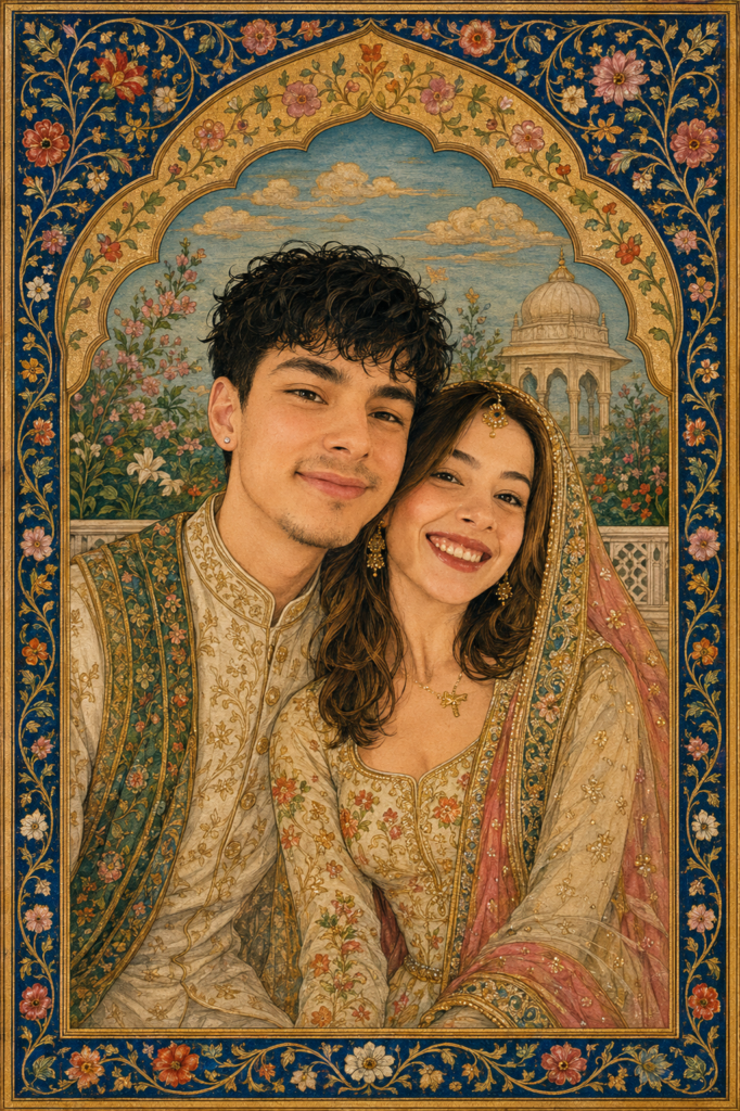 Couple illustrated as a Mughal miniature painting with jewel tones gold details and ornate flowers