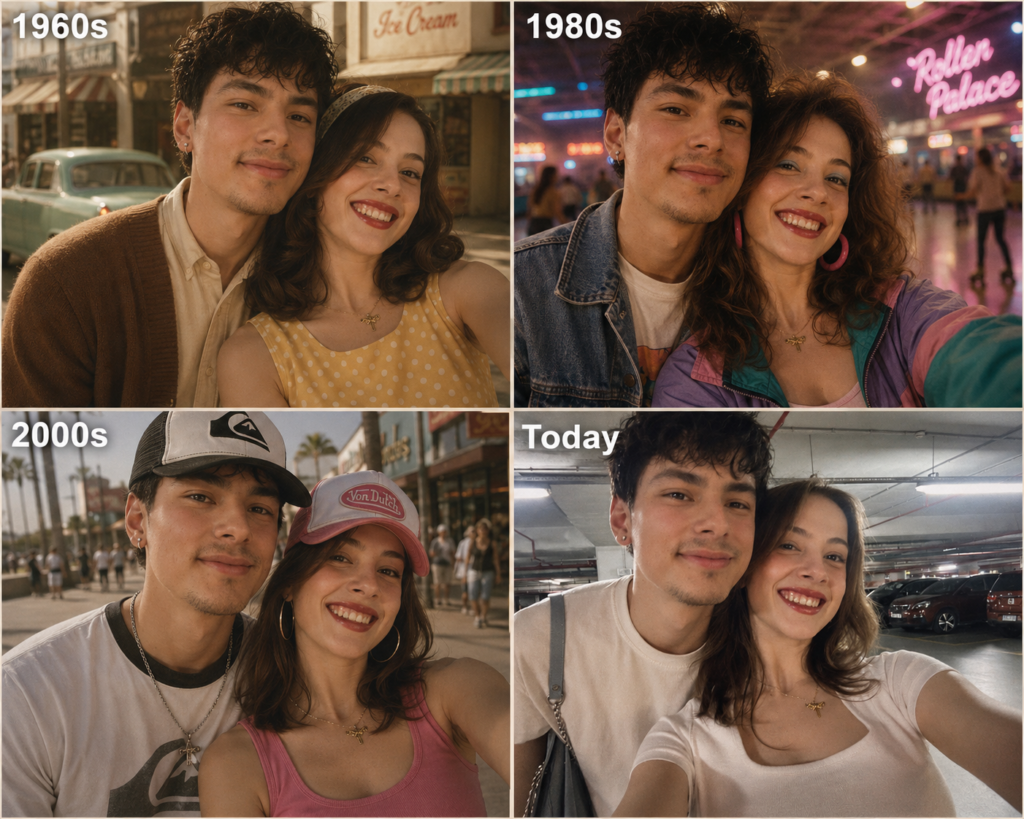 Four-panel couple portrait showing 1960s 1980s 2000s and modern-day styles