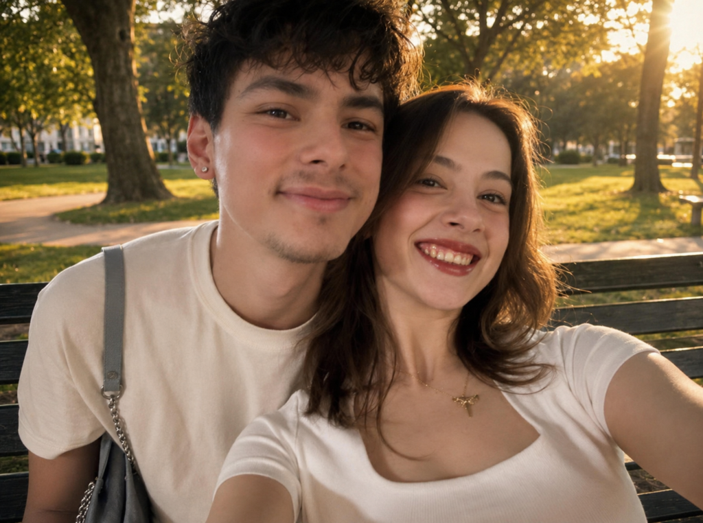 Couple laughing together on a park bench during warm golden-hour light