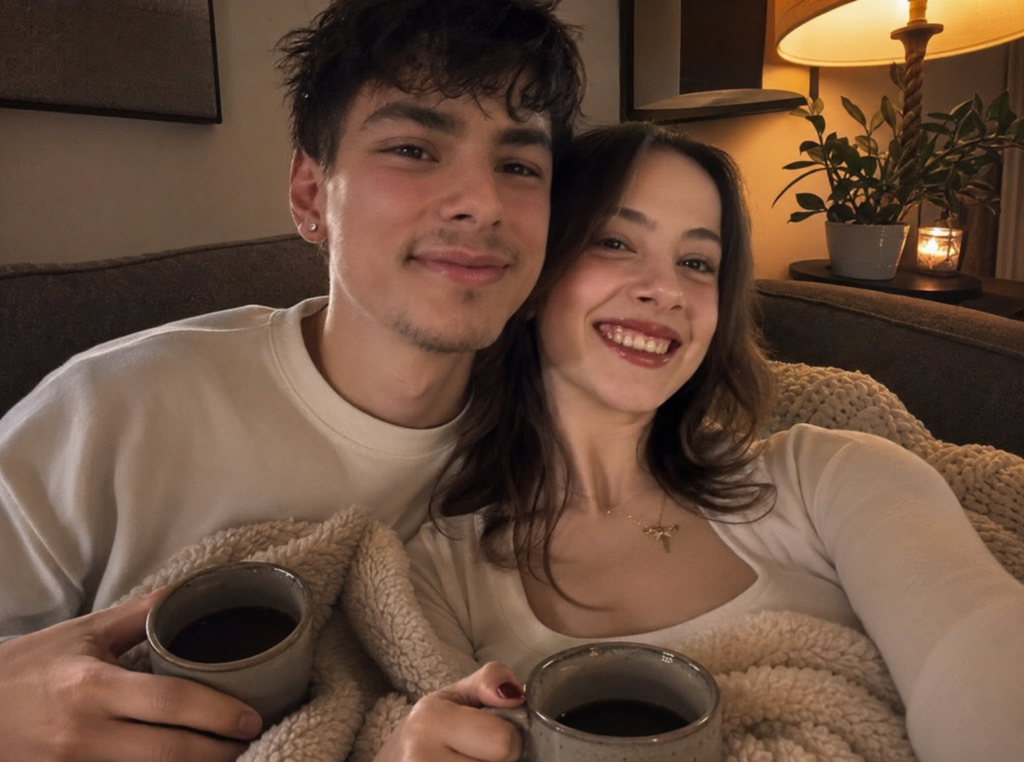 Couple relaxing with coffee and a blanket on a cozy couch under warm lamp light