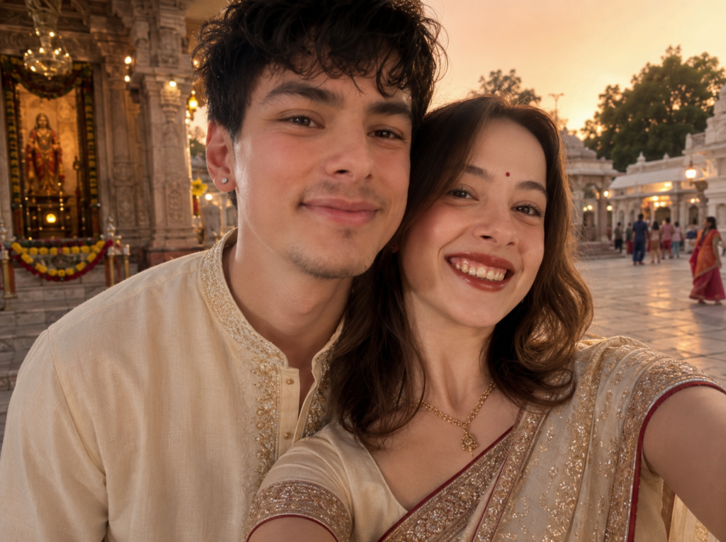 Couple wearing traditional Indian outfits in a temple courtyard during warm evening light