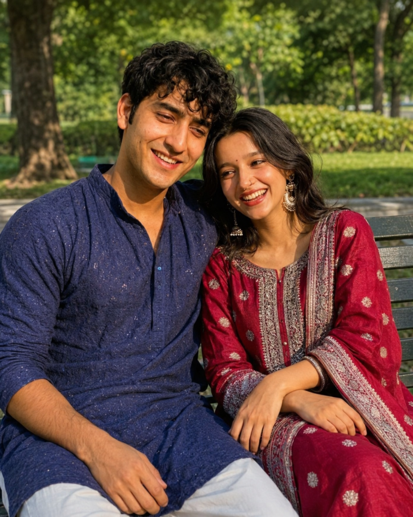 Couple laughing naturally on a park bench in soft daylight