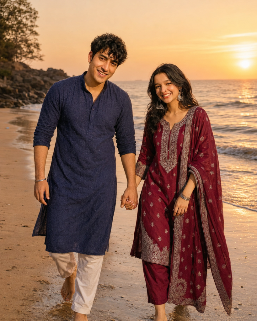 Couple holding hands while walking on a beach at sunset