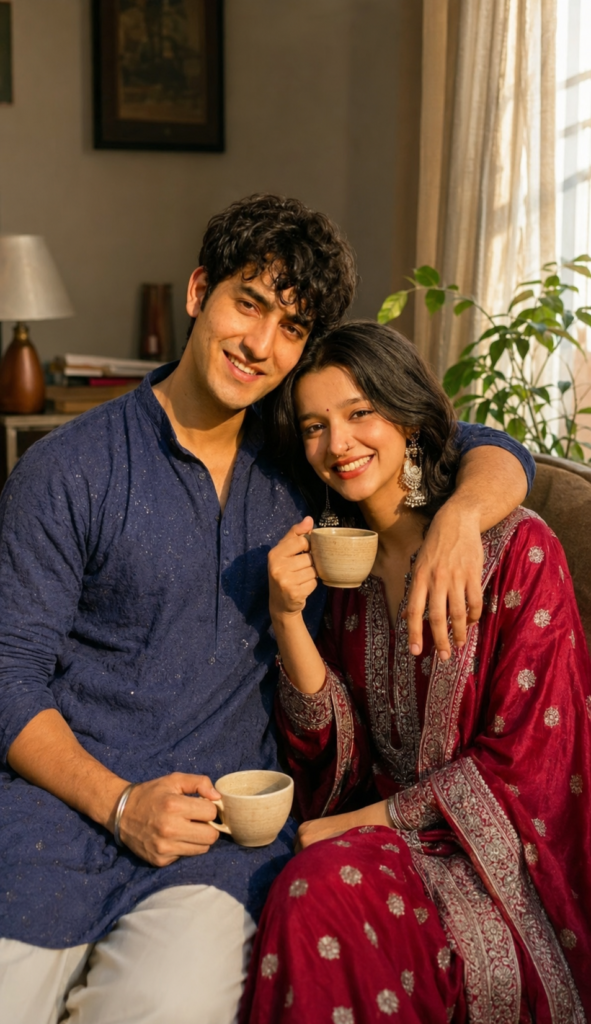 Couple drinking coffee together at home beside a softly lit window