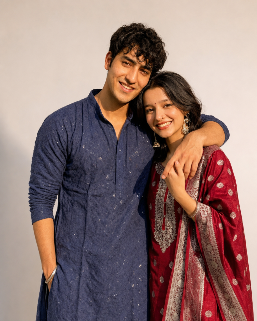 Couple posing for a simple studio portrait against a plain background with soft light
