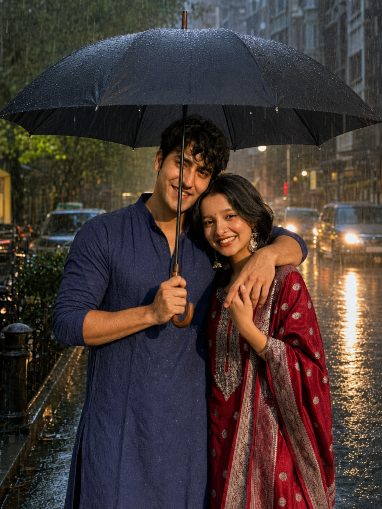 Couple standing under one umbrella on a rainy city street