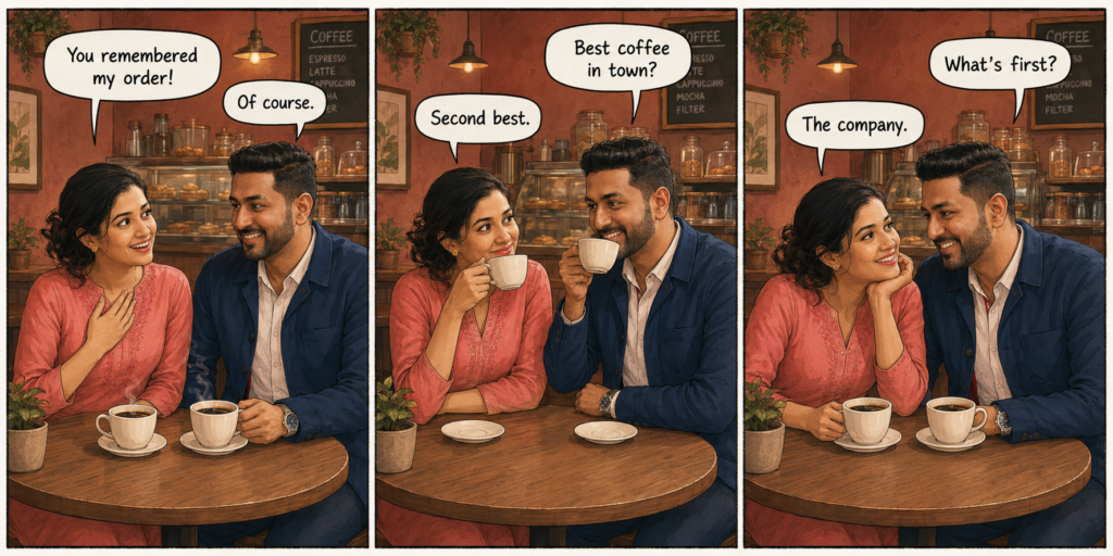 Three-panel indie comic strip illustration of a couple's coffee date with dialogue bubbles