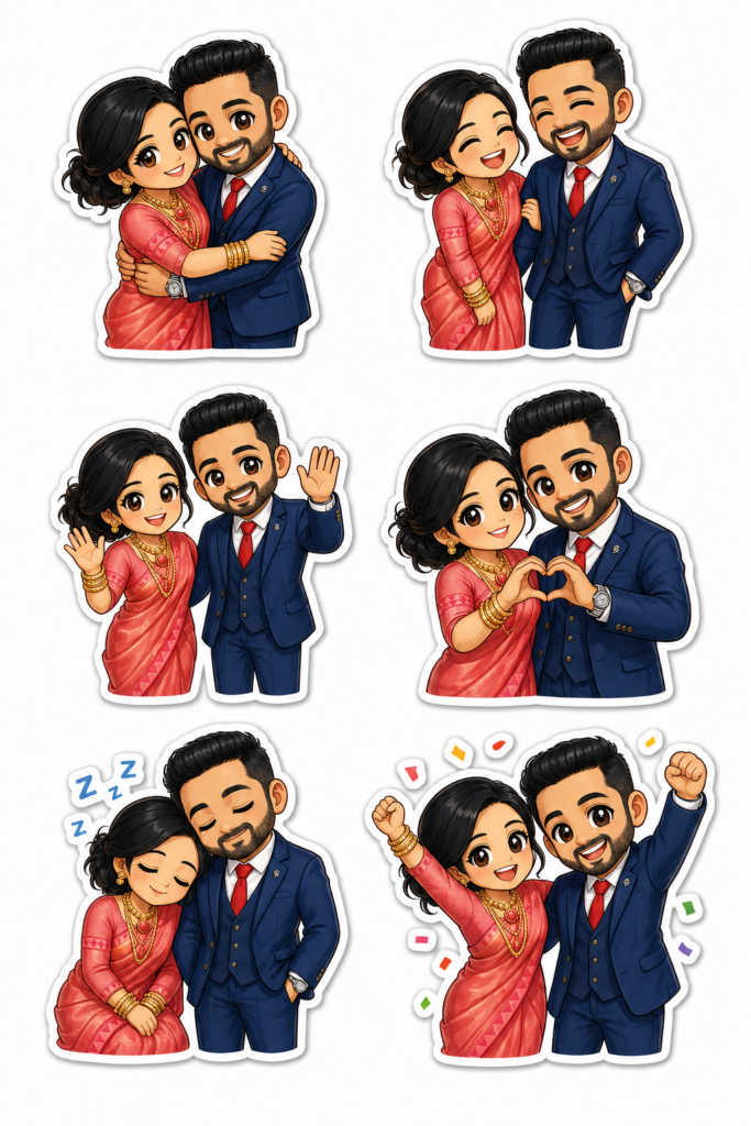 Six-sticker chibi illustration sheet of a couple hugging, laughing, waving and celebrating