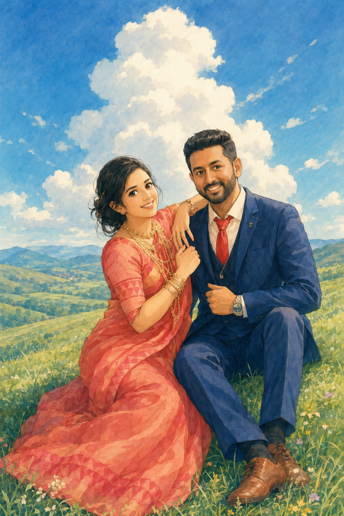 Couple illustrated in soft anime style sitting together on a grassy hill under a large summer cloud