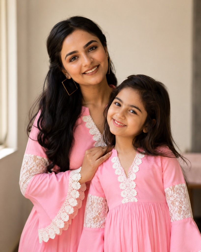 Mother and daughter posing together in a natural family portrait