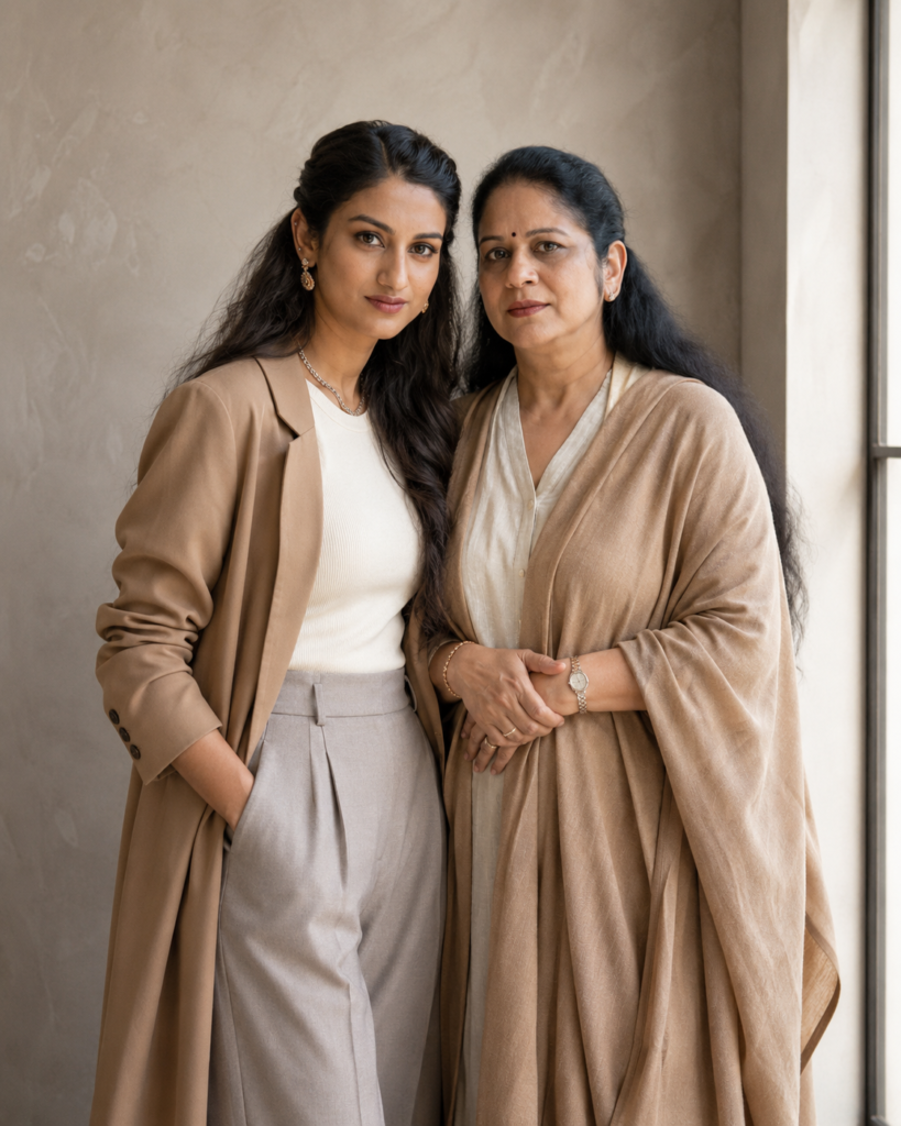 Mother and adult daughter posing for a modern editorial portrait